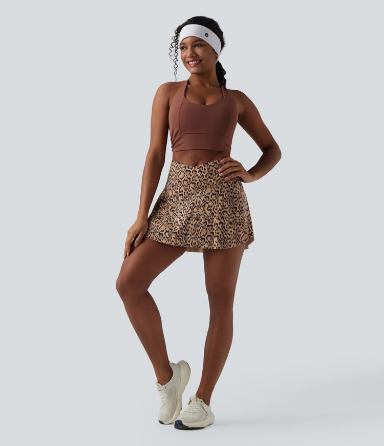 Crossover High Waisted 2-in-1 Leopard Print Mini Tennis Skirt with Pockets