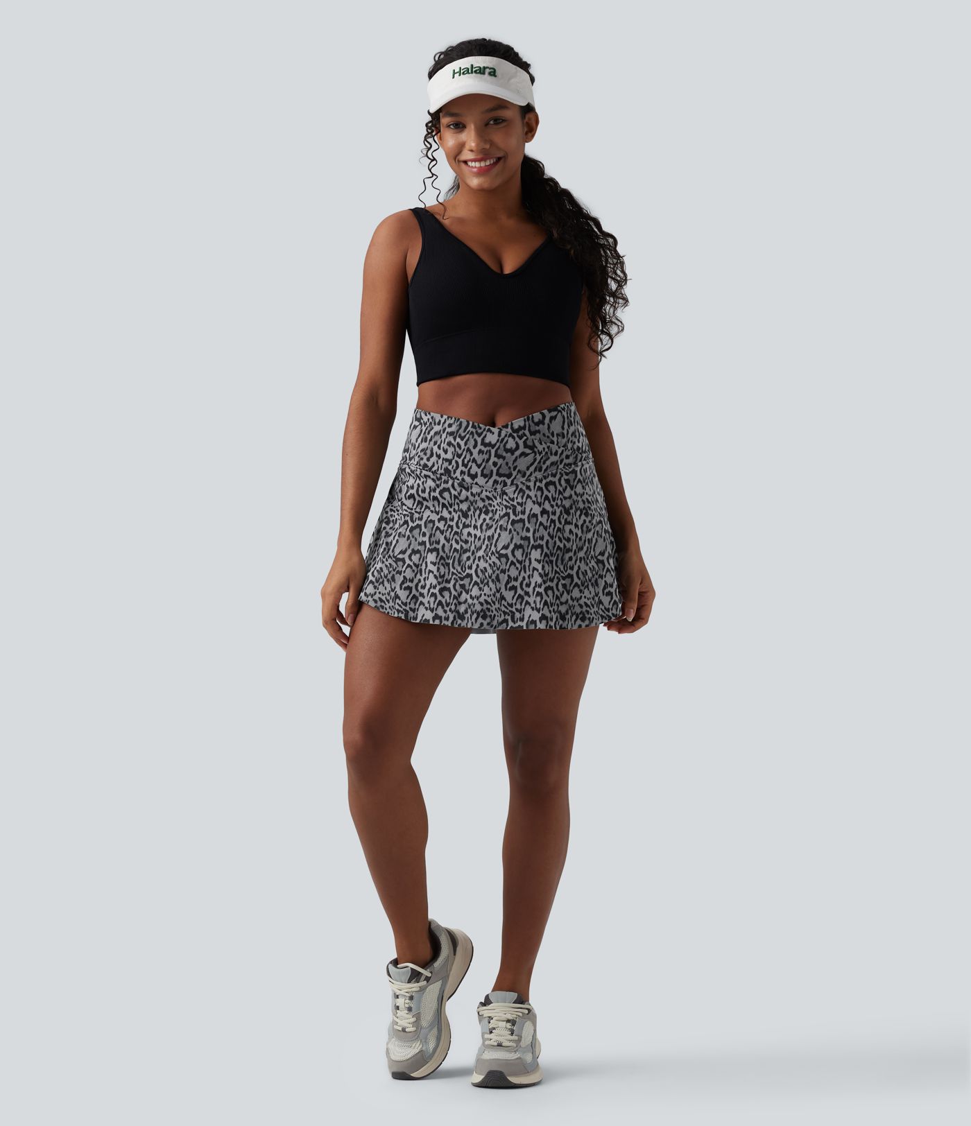 Crossover High Waisted 2-in-1 Leopard Print Mini Tennis Skirt with Pockets