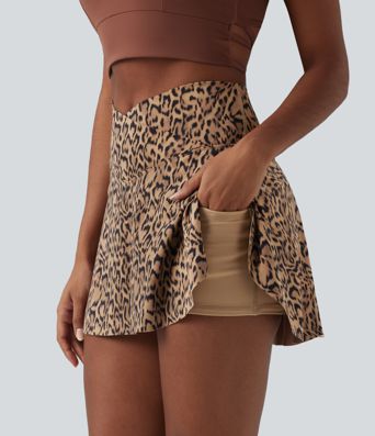 Crossover High Waisted 2-in-1 Leopard Print Mini Tennis Skirt with Pockets