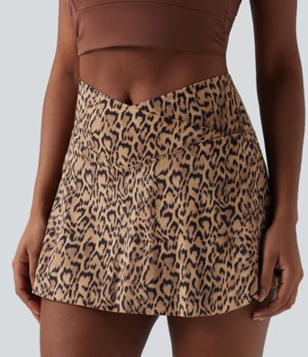 Crossover High Waisted 2-in-1 Leopard Print Mini Tennis Skirt with Pockets