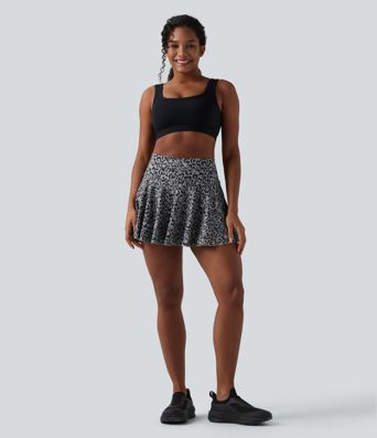 High Waisted 2-in-1 Leopard Print A-line Mini Tennis Skirt with Pockets