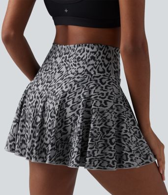 High Waisted 2-in-1 Leopard Print A-line Mini Tennis Skirt with Pockets