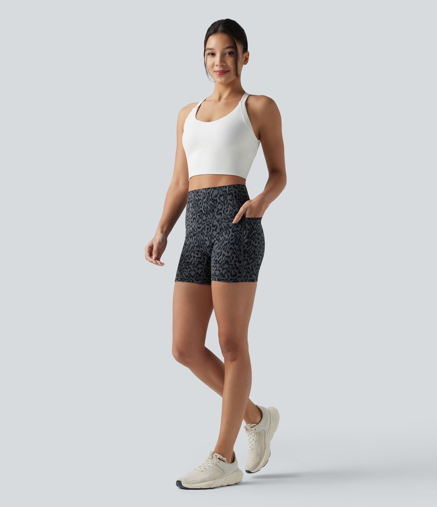 Halara UltraSculpt™ Leopard Print High Waisted Tummy Control Training Biker Shorts 5'' with Pockets