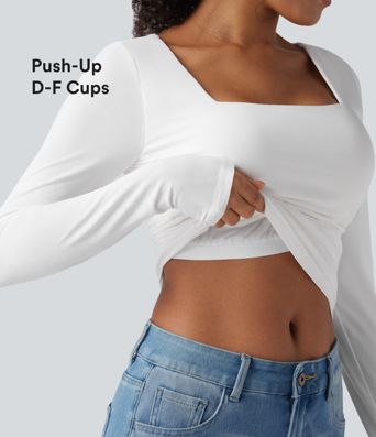 Square Neck Push-Up 2-in-1 Long Sleeve Ruched Casual T-Shirt-D/DD/DDD/F Cups