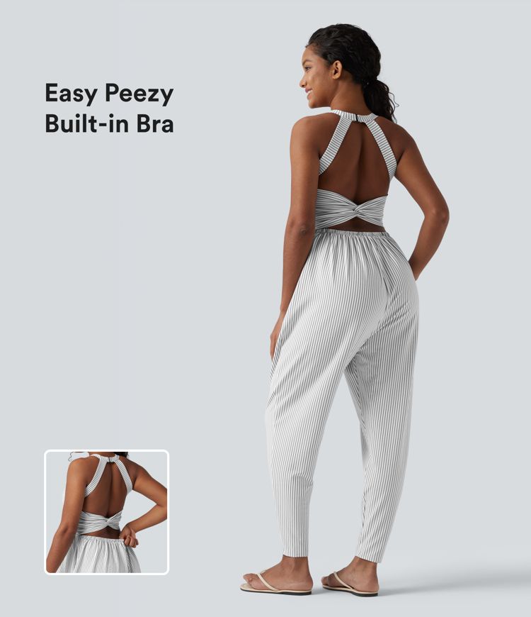 Twisted Backless Built-in Bra Stripes Casual Harem Jumpsuit with Pockets-Easy Peezy Edition