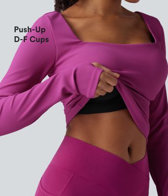 Top de yoga tricoté à encolure carrée, effet push-up, manches longues avec ouverture pour le pouce — bonnets D/DD/DDD/F