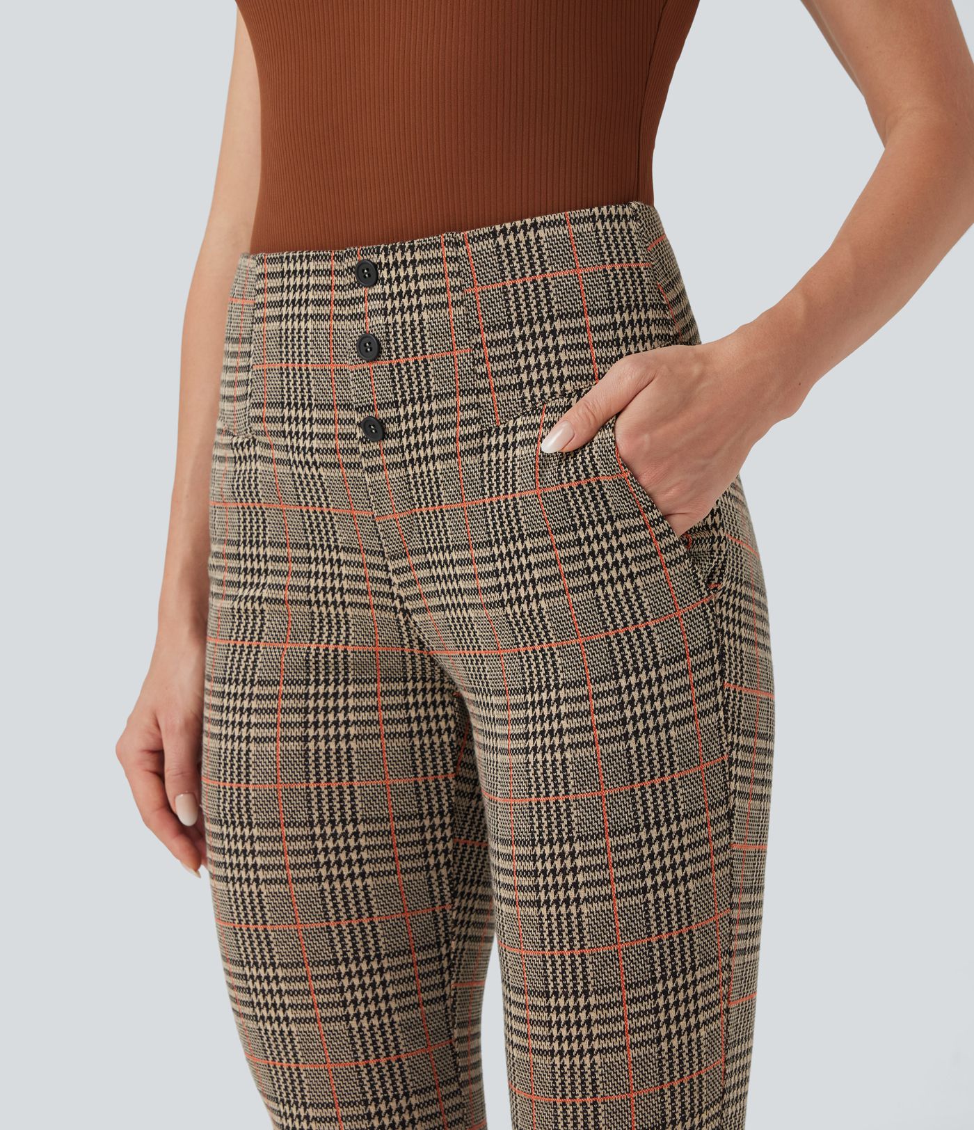 Pantalon de travail skinny Halara Flex™ taille haute avec poches décoratives en pied-de-poule