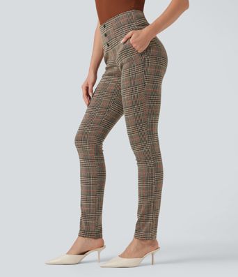 Pantalon de travail skinny Halara Flex™ taille haute avec poches décoratives en pied-de-poule