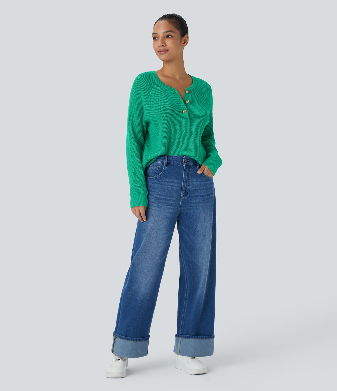 Round Neck Front Long Sleeve Casual Jumper