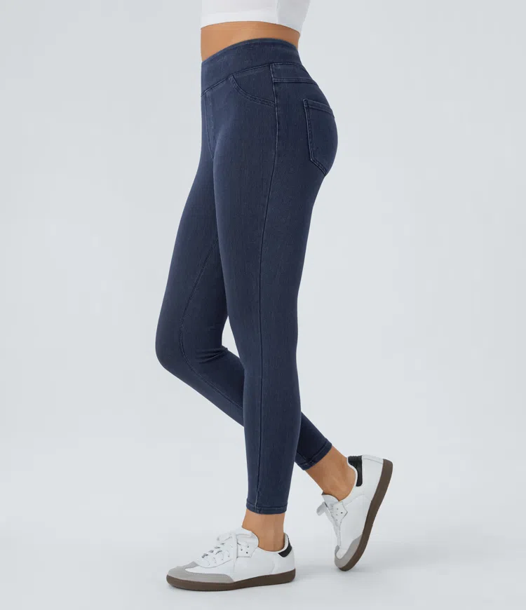 Washed Denim Navy Blue Halara Flex™ High Waisted Pocket Denim Casual Leggings / 2