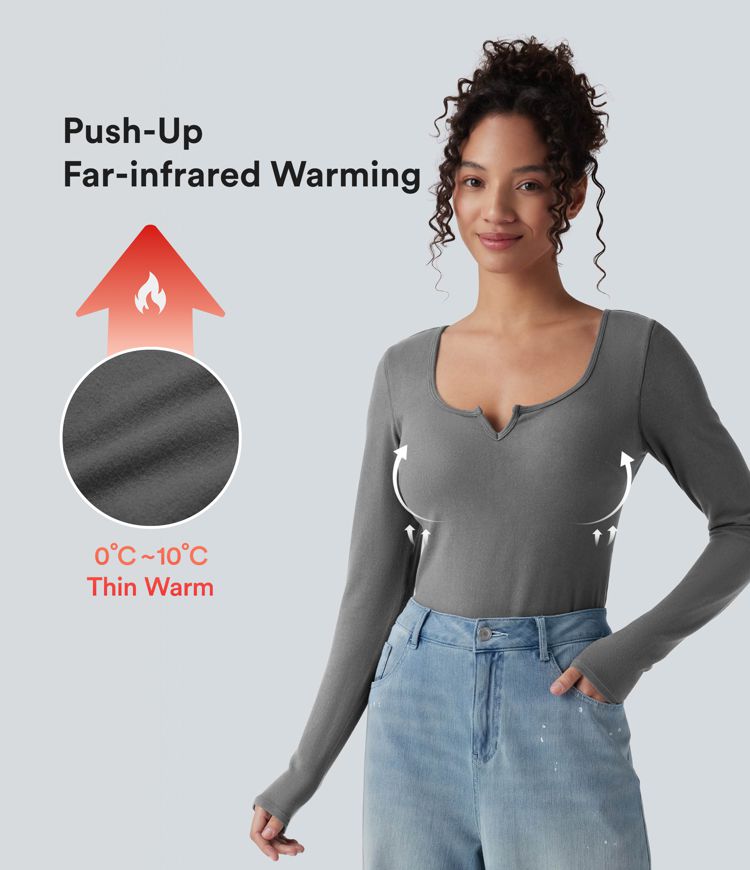Push-Up Molded Cups Notched Long Sleeve Casual Warming Top A/B Cup Push-Up Molded Cups Notched Long Sleeve Casual Warming Top A/B Cup