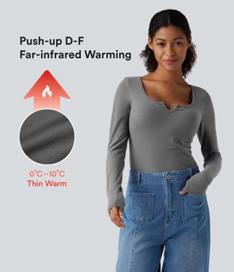 Halara HeatCore Push-Up Notched Long Sleeve Casual Warming T-Shirt D-F Cups