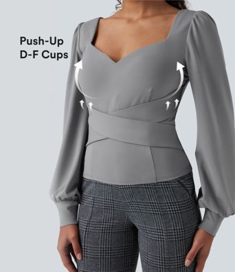 Sweetheart Neck Push-Up Puff Long Sleeve Work Top-D/DD/DDD/F Cups