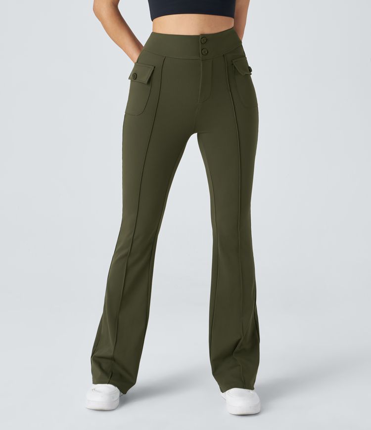 Pantalón cargo acampanado bolsillo solapa lateral botón tiro alto