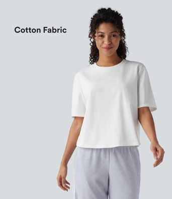 Round Neck Short Sleeve Casual Cotton Boxy T-Shirt