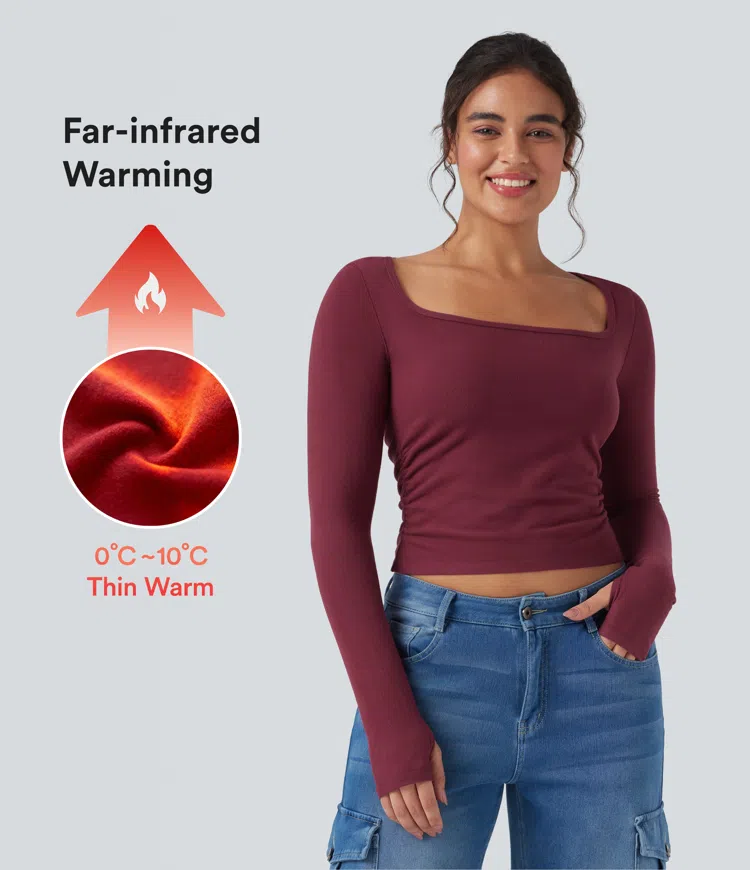 Cordovan Halara HeatCore U-Neck Long Sleeve Thumb Holes Ruched Slim Casual Warming Top / 1