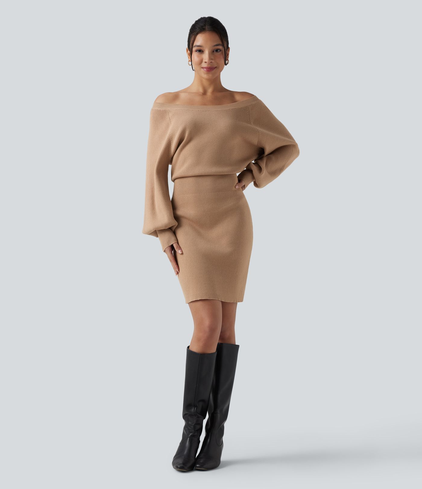 Boat Neck Long Sleeve Bodycon Mini Work Sweater Dress