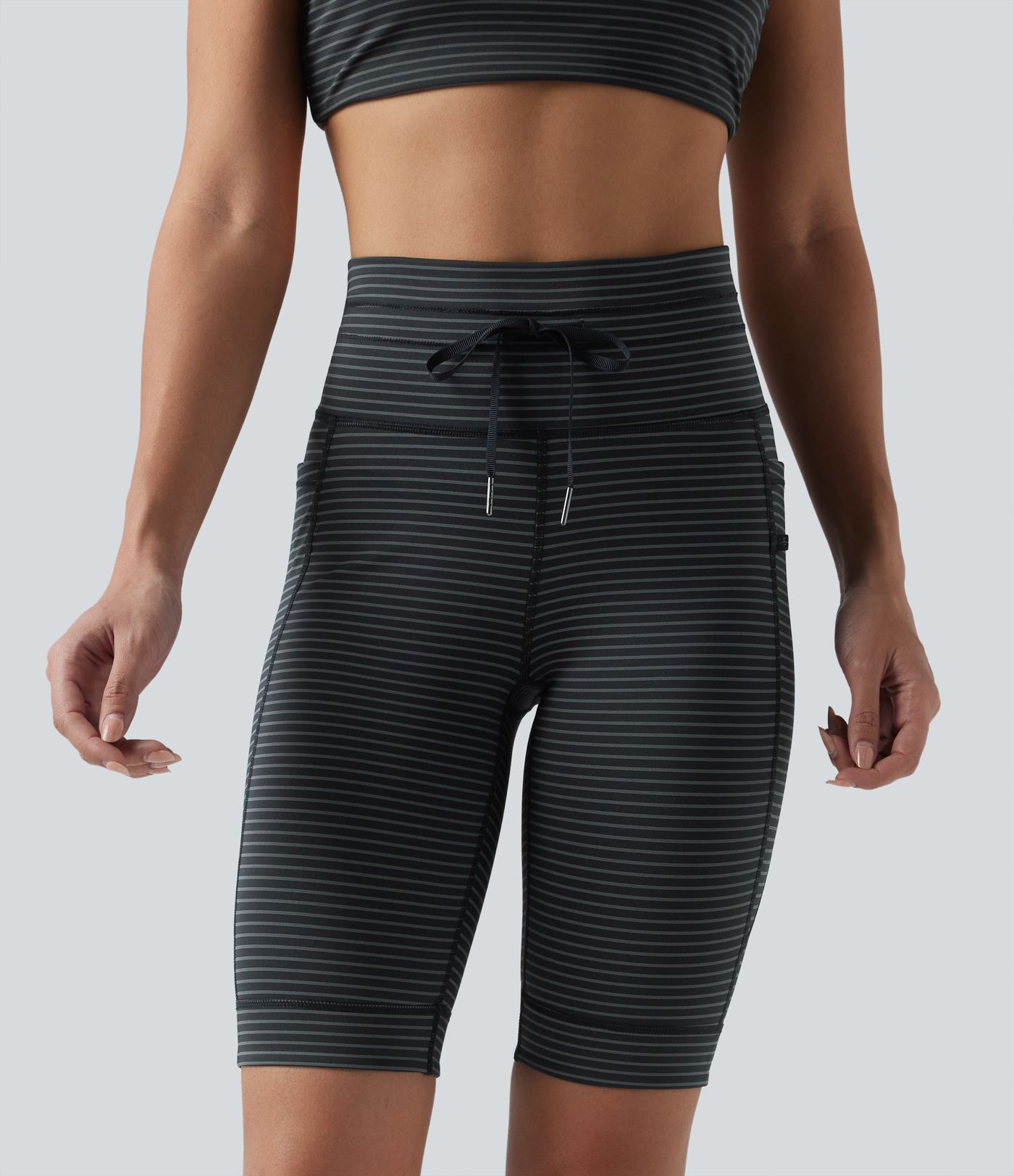 High Waisted Drawstring Striped Yoga Biker Shorts 9'' with Pockets