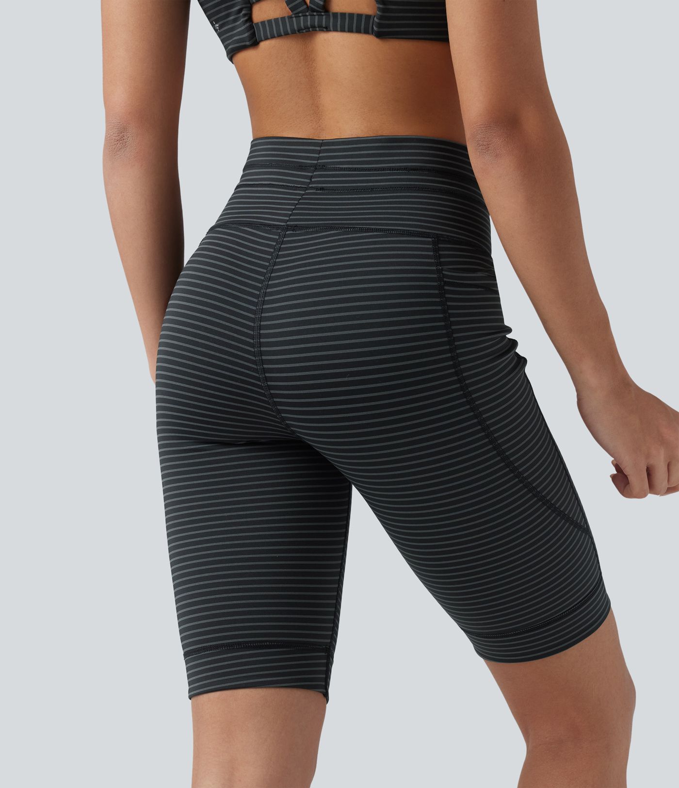 High Waisted Drawstring Striped Yoga Biker Shorts 9'' with Pockets