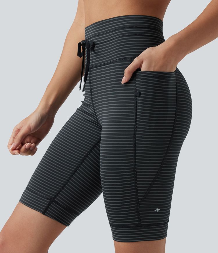 High Waisted Drawstring Striped Yoga Biker Shorts 9'' with Pockets