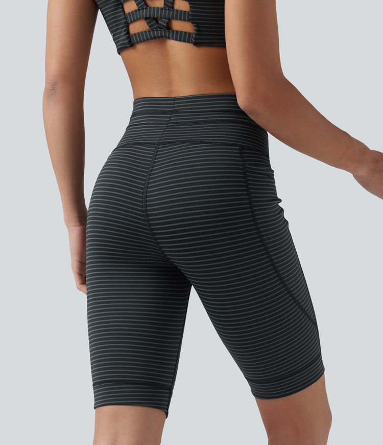 High Waisted Drawstring Striped Yoga Biker Shorts 9'' with Pockets