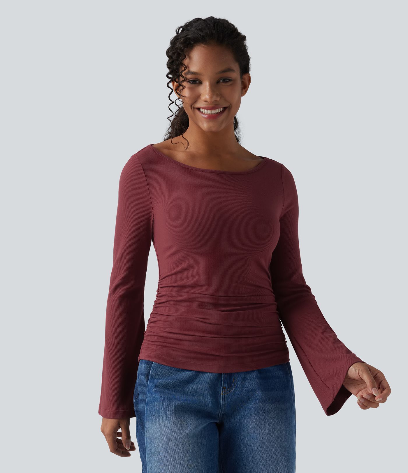 Ribbed Knit Boat Neck Long Sleeve Ruched Casual Top