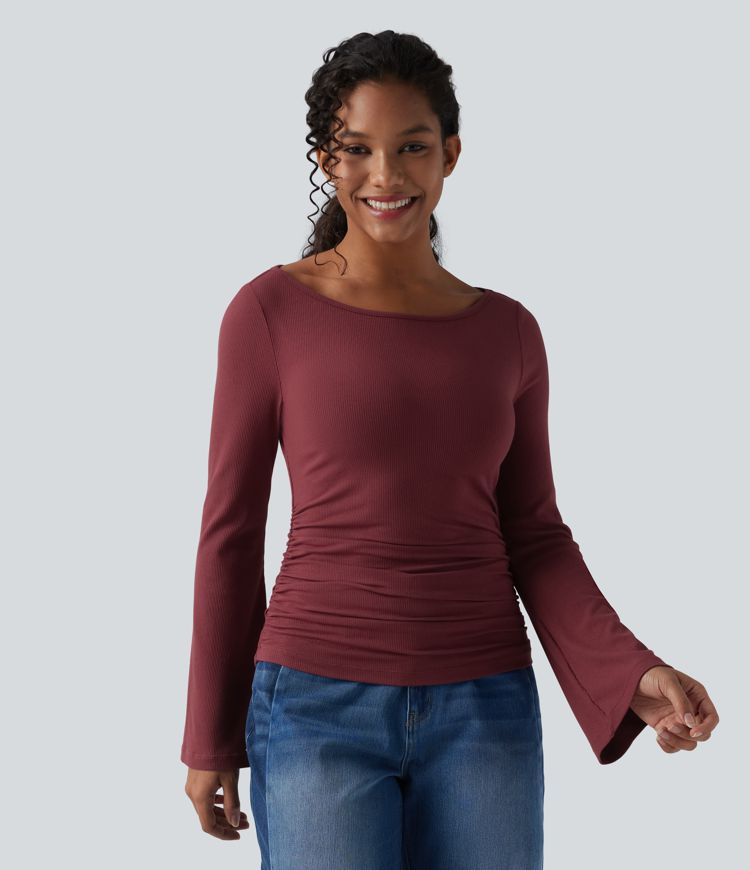 Ribbed Knit Boat Neck Long Sleeve Ruched Casual Top