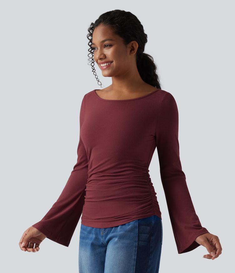 Ribbed Knit Boat Neck Long Sleeve Ruched Casual Top