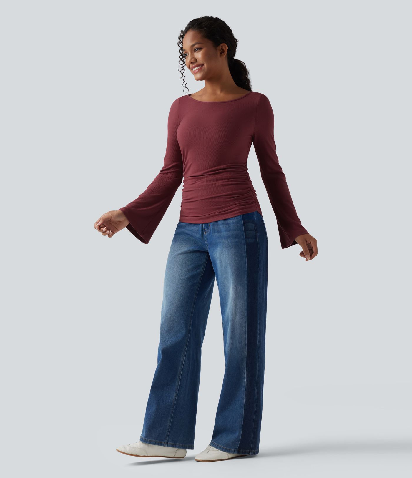 Ribbed Knit Boat Neck Long Sleeve Ruched Casual Top