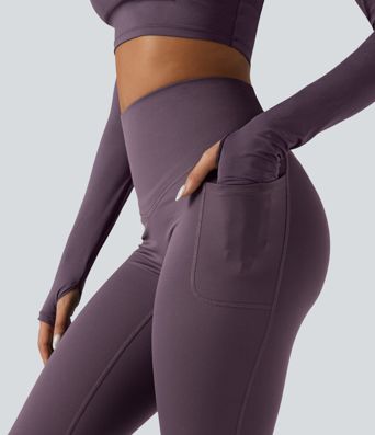 Halara Ultrasculpt™ Heat High Waisted Tummy Control Crossover Back Fleece Running Leggings with Pockets