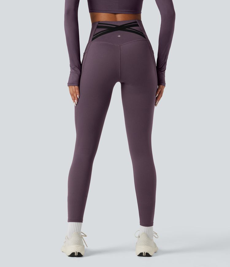 Halara Ultrasculpt™ Heat High Waisted Tummy Control Crossover Back Fleece Running Leggings with Pockets