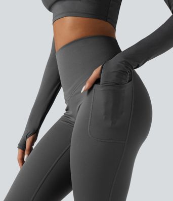 Halara Ultrasculpt™ Heat High Waisted Tummy Control Crossover Back Fleece Running Leggings with Pockets