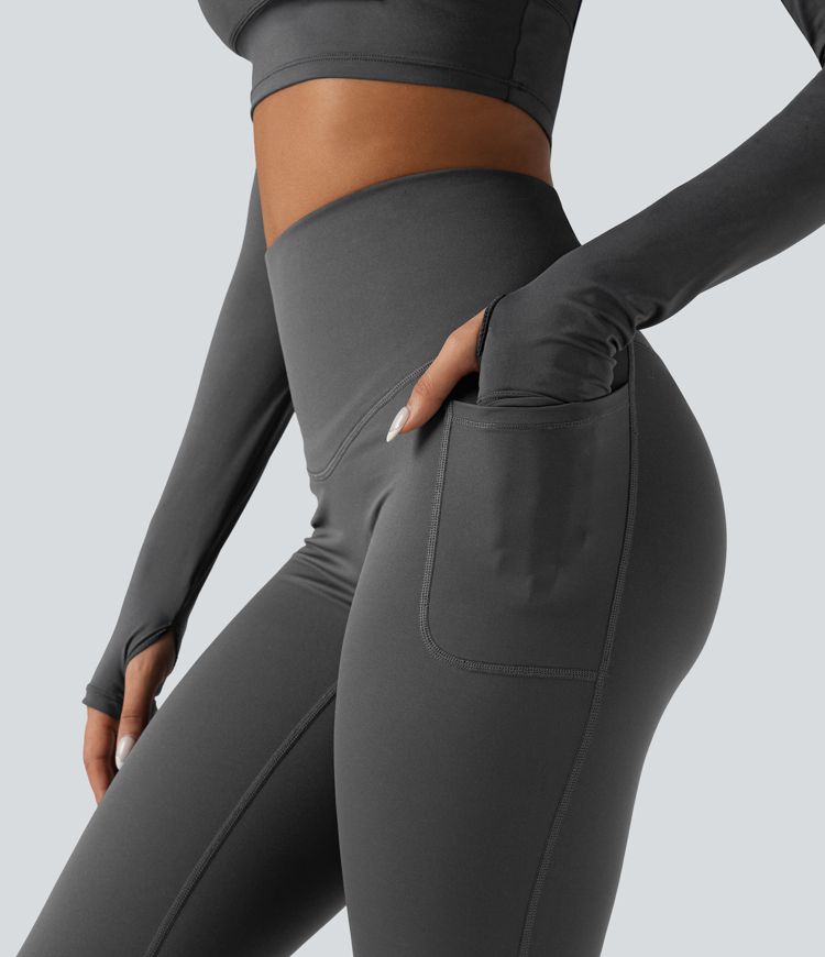 Halara Ultrasculpt™ Heat High Waisted Tummy Control Crossover Back Fleece Running Leggings with Pockets