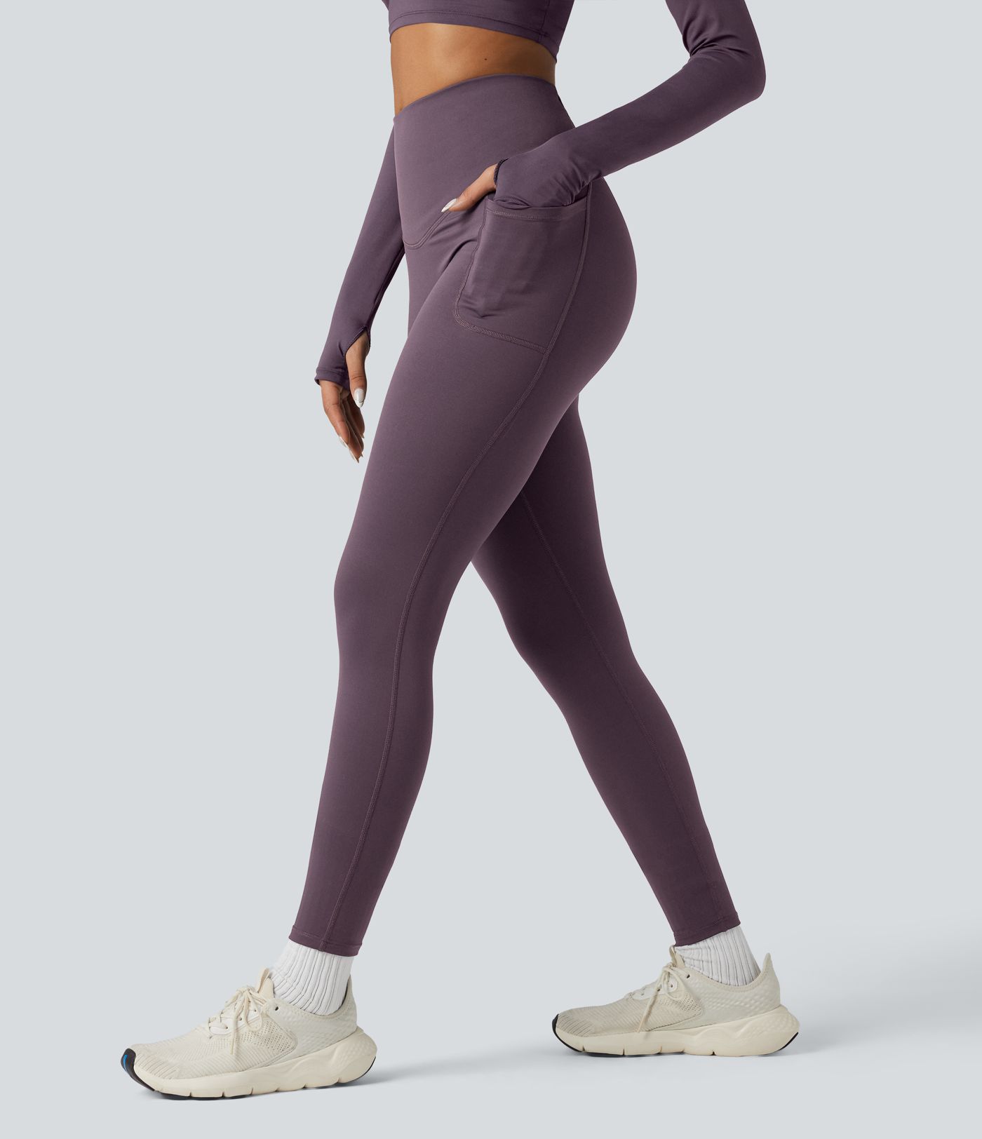 Halara Ultrasculpt™ Heat High Waisted Tummy Control Crossover Back Fleece Running Leggings with Pockets