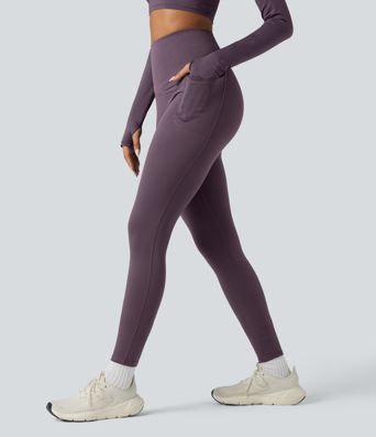 Halara Ultrasculpt™ Heat High Waisted Tummy Control Crossover Back Fleece Running Leggings with Pockets