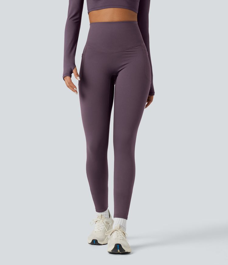 Halara Ultrasculpt™ Heat High Waisted Tummy Control Crossover Back Fleece Running Leggings with Pockets