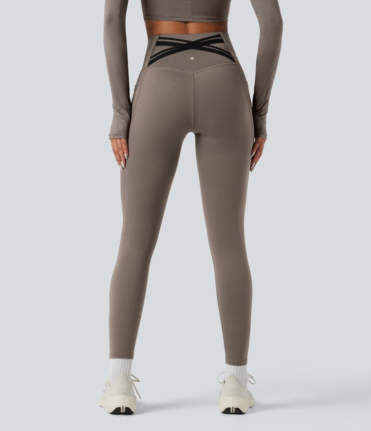 Halara Ultrasculpt™ Heat High Waisted Tummy Control Crossover Back Fleece Running Leggings with Pockets
