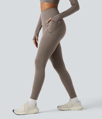Halara Ultrasculpt™ Heat High Waisted Tummy Control Crossover Back Fleece Running Leggings with Pockets