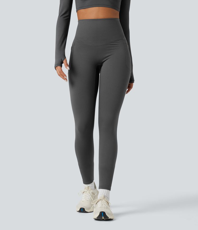 Halara Ultrasculpt™ Heat High Waisted Tummy Control Crossover Back Fleece Running Leggings with Pockets