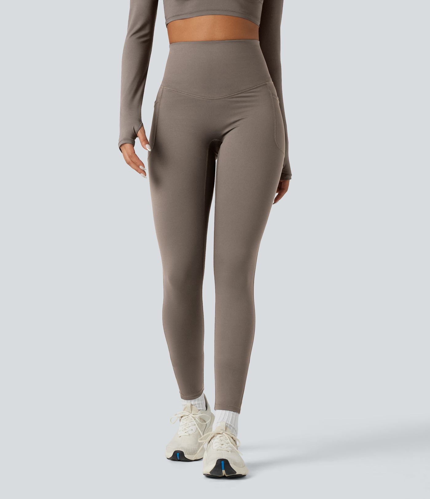Halara Ultrasculpt™ Heat High Waisted Tummy Control Crossover Back Fleece Running Leggings with Pockets
