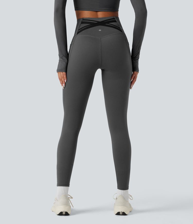 Halara Ultrasculpt™ Heat High Waisted Tummy Control Crossover Back Fleece Running Leggings with Pockets