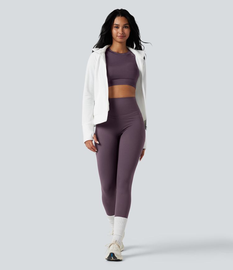 Halara Ultrasculpt™ Heat High Waisted Tummy Control Crossover Back Fleece Running Leggings with Pockets