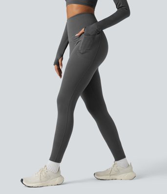 Halara Ultrasculpt™ Heat High Waisted Tummy Control Crossover Back Fleece Running Leggings with Pockets