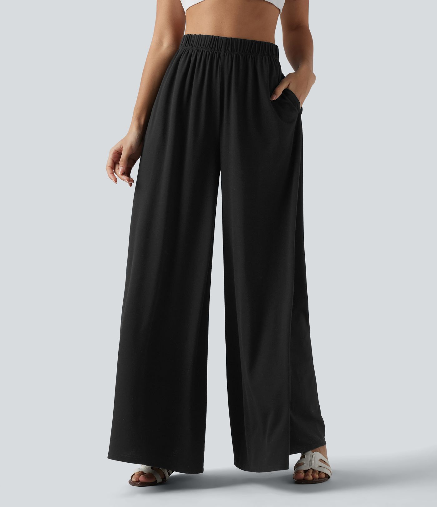 High Waisted Resort Flowy Baggy Trousers with Pockets