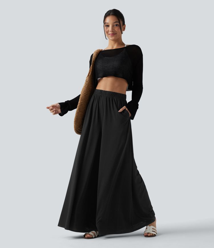 High Waisted Resort Flowy Baggy Trousers with Pockets