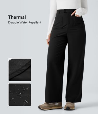 Durable Water Repellent Thermal High Waisted Hiking Wide Leg Pants with Pockets