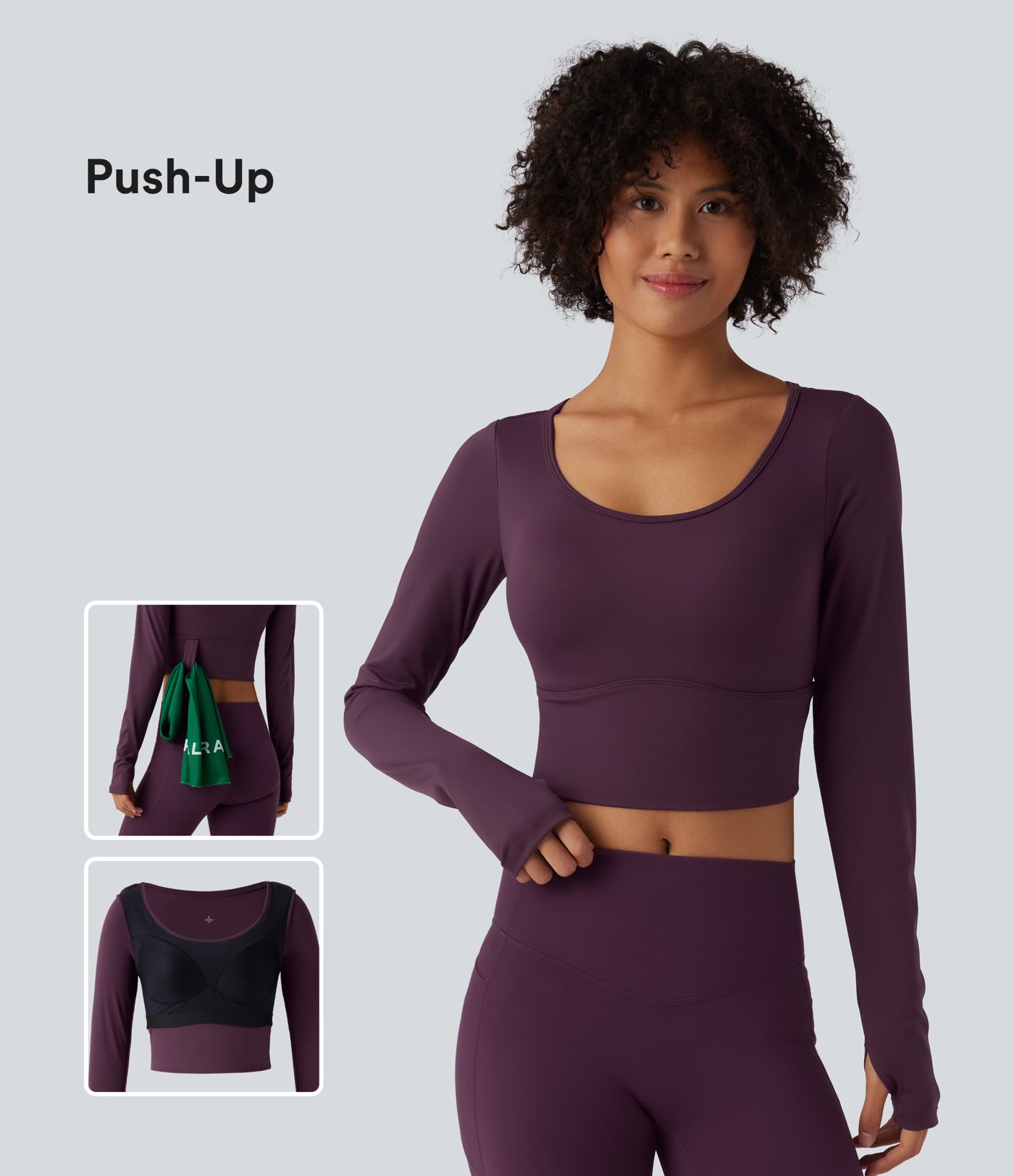 SoftlyZero™ Airy Scoop Neck Push-Up Long Sleeve Thumb Hole Cool Touch Cropped Yoga Sports Top-UPF50+