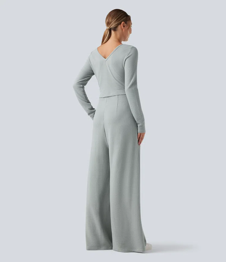 Belgian Block V Neck Long Sleeve Casual Jumpsuit with Pockets-Easy Peezy Edition / 2