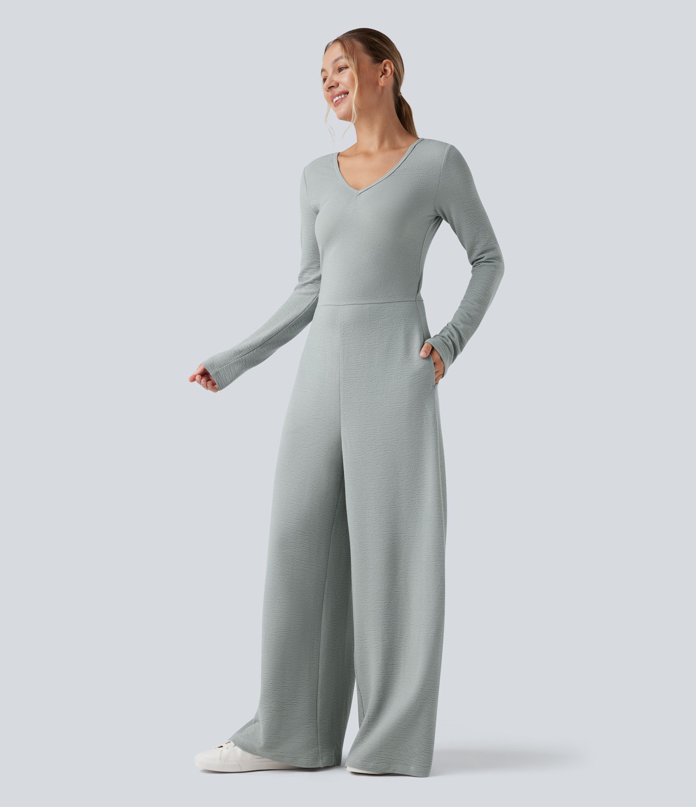 Combinaison décontractée à col en V, manches longues, avec poches — édition Easy Peezy