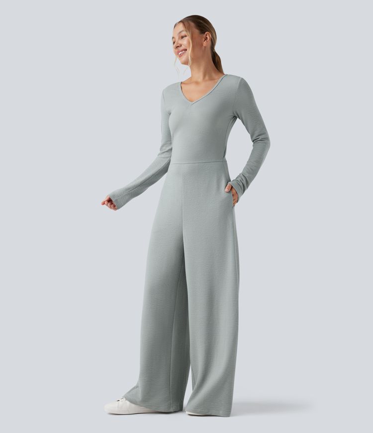 Combinaison décontractée à col en V, manches longues, avec poches — édition Easy Peezy